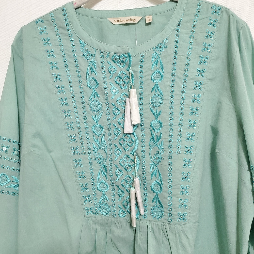 Soft Surroundings Embroidered Peasant Style Boho Tassel Top XL - Picture 2 of 9